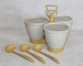 Vintage Tupperware Condiment Caddy Server with Lids and Serving Spoons - Almond & Harvest Gold - Retro Kitchenware