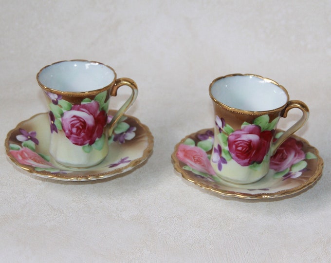 Vintage Espresso Cups With Saucers Set of 2 Porcelain Hand Painted
