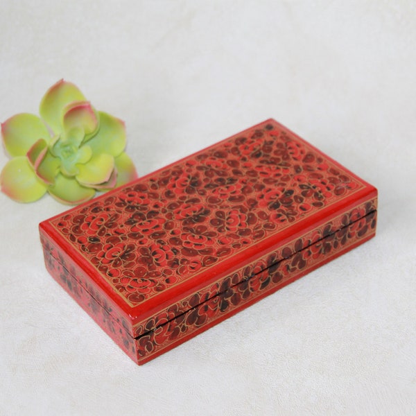 Handmade Paper Mache Trinket Box  - Lacquered Red Floral Keepsake Box / Jewelry Box