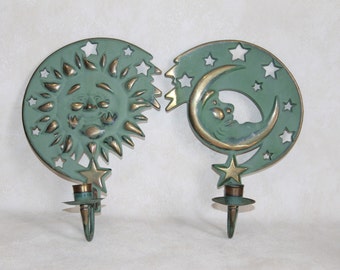 Brass Moon, Sun & Stars Celestial Wall Sconces - Pair of Wall Mount Candle Holders - 1994 Partylite Brass with Faux Verdigris