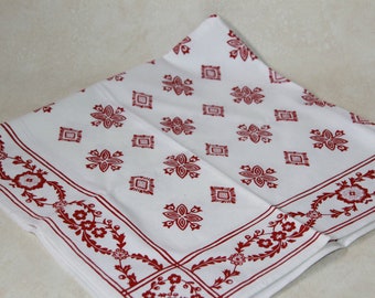 Red & White Print Table Topper - 28 Inch Square Hand Printed Swedish Textile - Tobias Lang Collection by Barbro Sandell