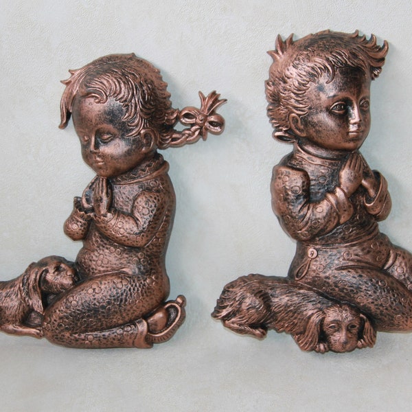 Praying Children Wall Plaques by Syroco Coppercraft Guild featuring a Boy, Girl and Puppy Dogs