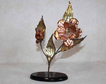 Copper & Brass Floral Art Sculpture - Brutalist Torch Cut Sculpture