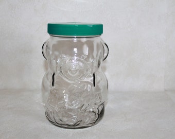 Bear Glass Jar - Kraft Peanut Butter Jar - Green Lid with Coin Slot / Money Jar Coin Bank