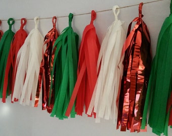 20 Tassel Christmas Tissue Paper Garland, Christmas Decoration, Red and Green Garland, Birthday Party Decorations, Holiday Decorations, Poms