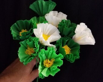 St. Patrick's 10 Crepe Paper Poppies, Green, White, Cinco de Mayo, Day of the Dead Mexican Flowers, Fiesta, Wedding Decorations, Poppy