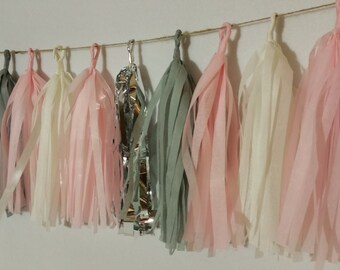 20 Tassel Blush Pink and Gray Tissue Paper Garland, Wedding Decoration, It's a Girl, Baby Shower, Streamers, Fringe Garland, Pom Pom Garland