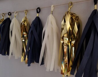 Notre Dame, Navy, Metallic Gold 10 Tassel Tissue Paper Tassel Garland, Party Decorations, Wedding Decorations, Balloon Tassels, Streamers