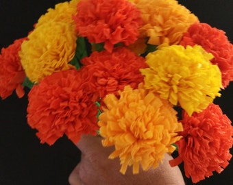 Day of the Dead 12 Marigolds Crepe Paper Flowers, Dia de Los Muertos, Yellow, Orange, Mexican Flowers, Wedding, Cinco de Mayo, Halloween