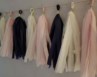 FAST SHIPPING, Navy Blue Blush Pink 20 Tassel Tissue Paper Garland, Party Decorations, Wedding Decorations, Baby Shower, Balloon Tassels