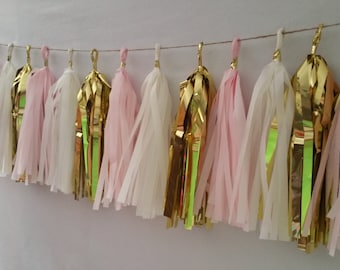 ONLY 16.99, Blush Pink White Gold Tissue Paper Catholic Confirmation Tassel Garland, Party Decorations, Baby Shower, It's a Girl, Wedding