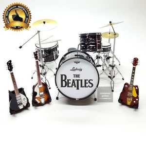 Miniature Beatles Instrument Set Accurate Reproduction of Guitars with Leather Straps & Ludwig Drums - Fast Free Shipping