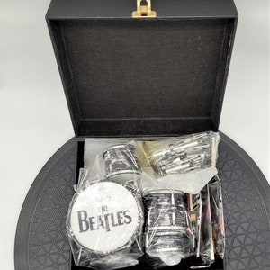 Miniature Beatles Instrument Set Accurate Reproduction of Guitars & Ludwig Drums With Stage and Leather Straps - Fast Free Shipping