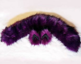 26" large purple black tipped wolf tail with belt loops (black elastic) with optional matching grey and black wolf ear hair clips