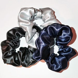 Set of 3 satin scrunchies, silver grey, navy & black, girl&#39;s hair accessories, girl accessory