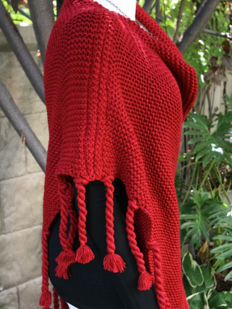 Poncho Warm and Cozy Asymmetric Deep Cranberry Red with Tassels Cape Shawl Wrap
