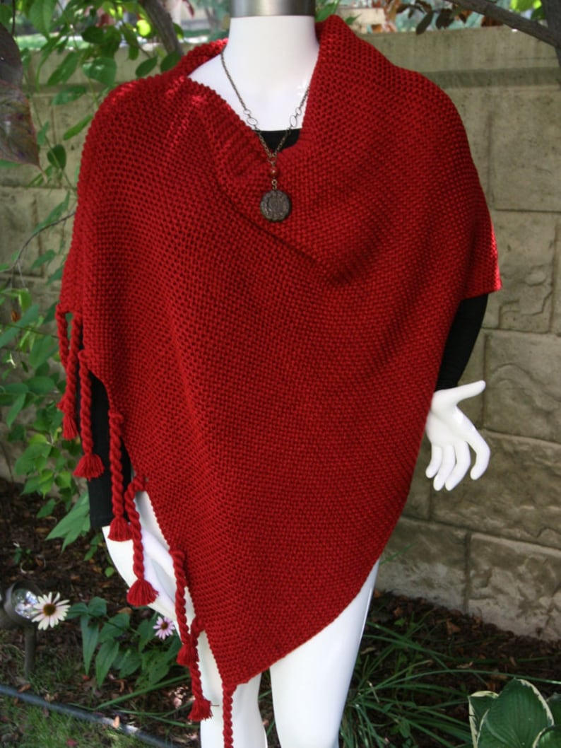 Poncho Warm and Cozy Asymmetric Deep Cranberry Red with Tassels Cape Shawl Wrap