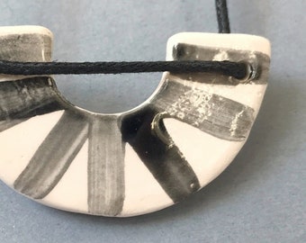 Black & white Semicircle Necklace, Statement Clay Jewellery,  Monochrome Ceramic necklace, Bold ladies accessories, Gift for her,