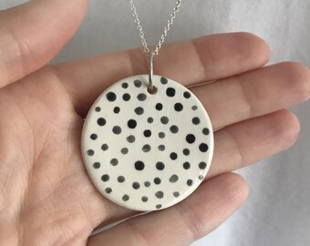 Spotty Round Necklace, Ceramic & Silver Jewellery, Black and White Accessories, Gift for her, Handpainted Ceramics, Statement clay necklace
