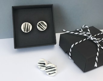 Black stripe ceramic earrings, Striped cute studs, Sterling Silver, Black and white studs, Clay jewellery, Gift for her, Patterned earrings