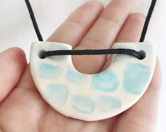 Geometric Semicircle Necklace, Pale Blue Clay pendant, Ceramic jewellery, Monochrome ladies accessories, Statement Jewellery, Gift for her