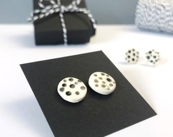 Spotty clay studs, Sterling silver & ceramic earrings, Cute spot studs, Handmade earrings, Black and white studs, Gift for her, Sister gift