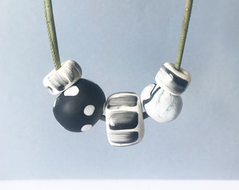 Statement Ceramic Jewellery, Black & white necklace, Green cord, Handmade Clay beads, Chunky Monochrome Statement Necklace, Gift for her,