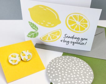 Lemon earring gift set, Sending a squeeze, Birthday gift for her, Letterbox gift, Cute studs, Friendship care package, Girl friend present,