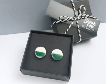 Green and white studs, Cute earrings, Sterling Silver, Birthday gift for her, Clay jewellery, Green earrings, Half and half design, Ceramic