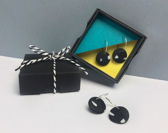 Black and white terrazzo hoops, Cute earrings, Sterling Silver hypoallergenic rings, Birthday gift, Gift for her, Monochrome jewellery