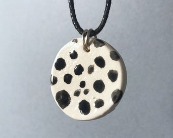 Monochrome Ceramic Damaltion Necklace, Spotty pendant, Ceramic silver & cotton necklace, Black and white jewellery, Gift for her