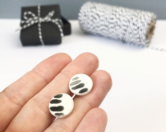 Black and white studs, Cute earrings, Sterling Silver, Birthday gift for her, Clay jewellery, White earrings, stripe design, stripy pattern