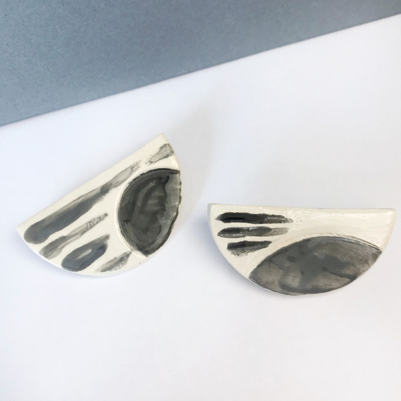 Monochrome Ceramic Brooch, Ladies Pin Badge, Unique Wearable Art, Geometric Jewellery, Handmade Accessories, Gift for her, Black and white image 2