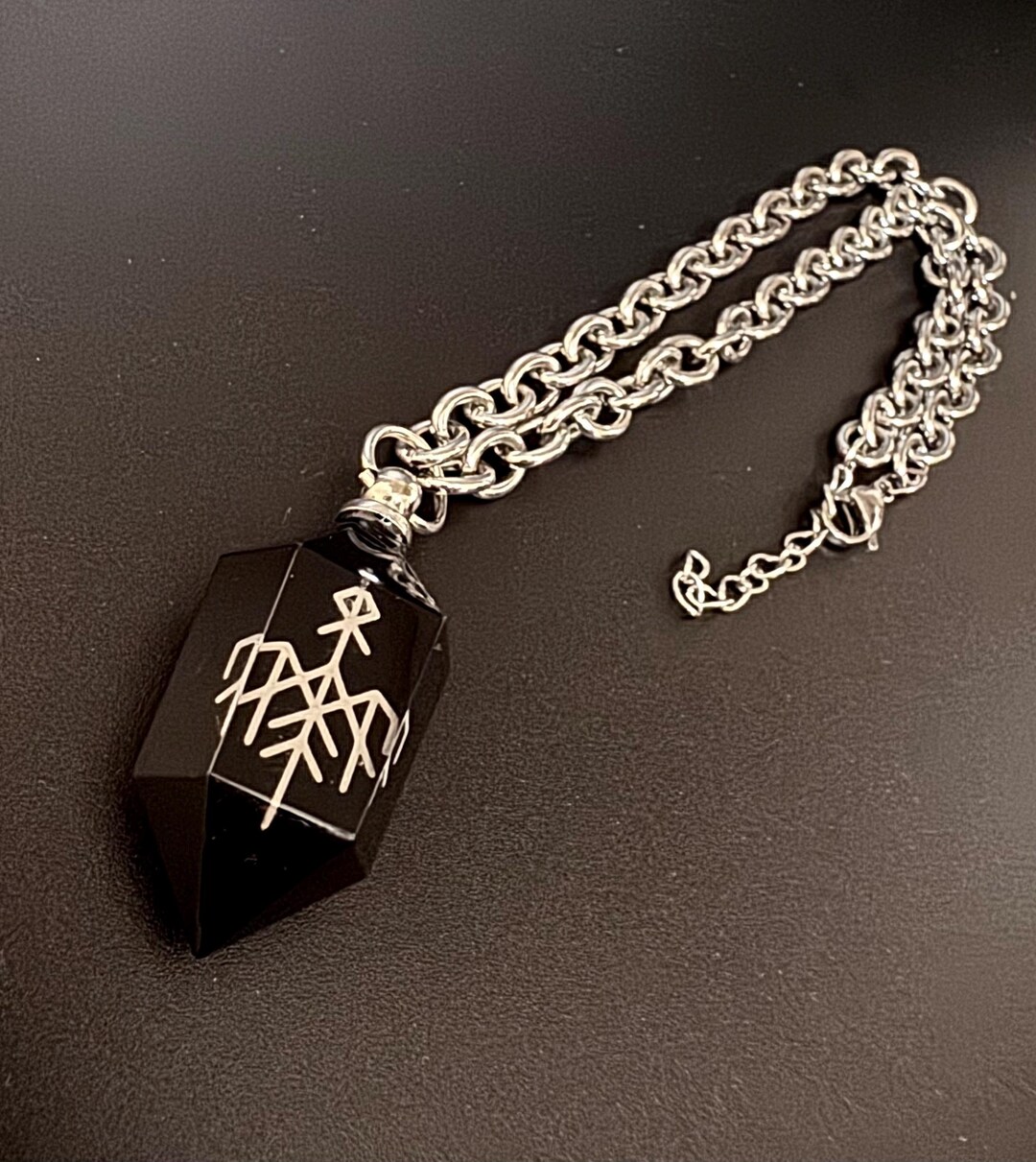 Black Rune Resin Stone | Silver Stainless Steel Chain Link Choker ...