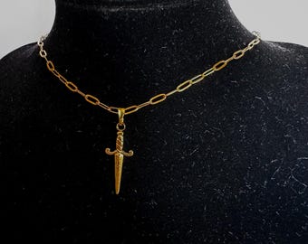 Dagger/sword charm on paperclip gold toned chain