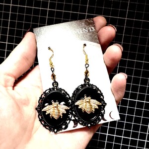 Honey Bee earrings - black gold filigree