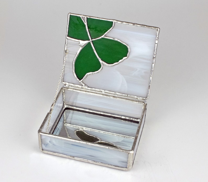 Green Butterfly on Wispy White Anniversary Stained Glass Jewelry Box |Gift Box|Keepsakes|Handmade|Made in USA Birthday Gift|