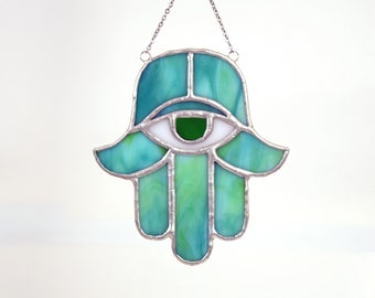 Blue Hand of Fatima Khamsa Stained Glass Hamsa Suncatcher with Evil Eye Jewel