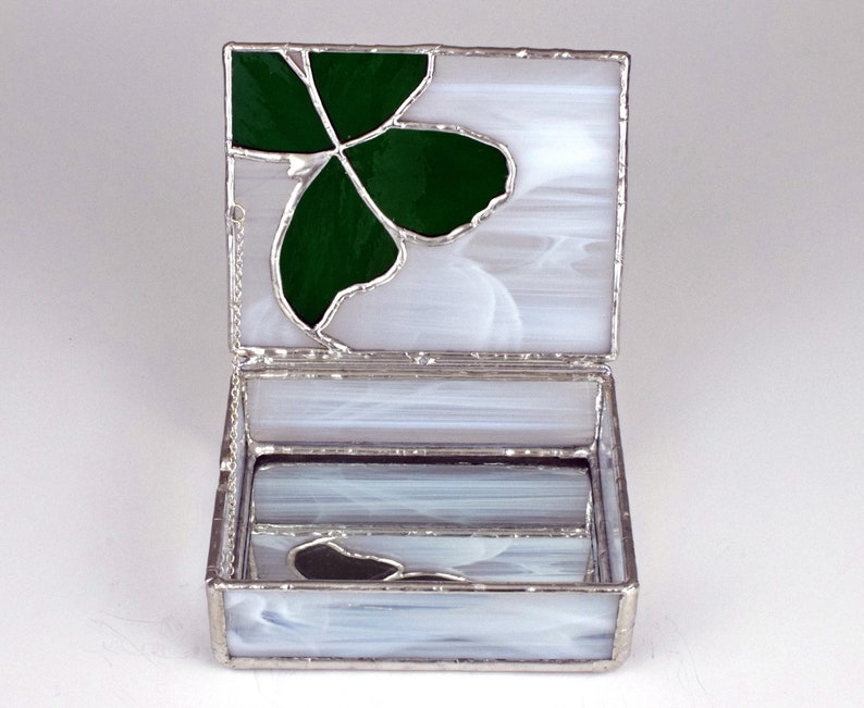 Green Butterfly on Wispy White Anniversary Stained Glass Jewelry Box |Gift Box|Keepsakes|Handmade|Made in USA Birthday Gift|