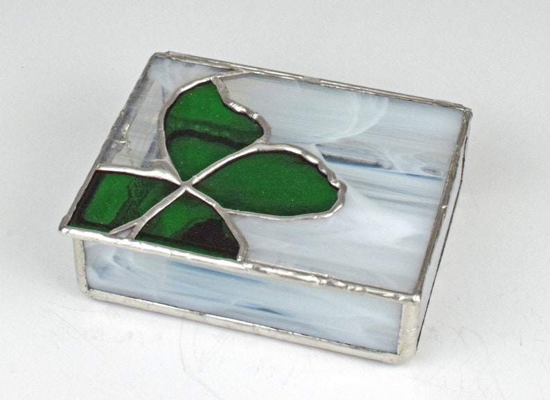 Green Butterfly on Wispy White Anniversary Stained Glass Jewelry Box |Gift Box|Keepsakes|Handmade|Made in USA Birthday Gift|
