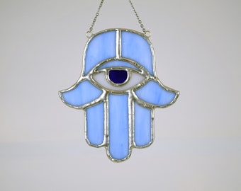 Blue Hand of Fatima Khamsa Stained Glass Hamsa Suncatcher with Evil Eye Jewel
