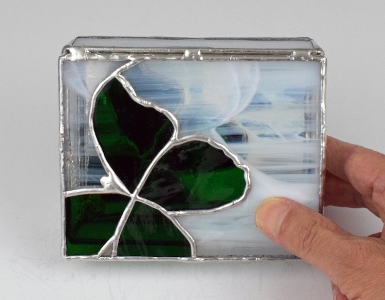 Green Butterfly on Wispy White Anniversary Stained Glass Jewelry Box |Gift Box|Keepsakes|Handmade|Made in USA Birthday Gift|