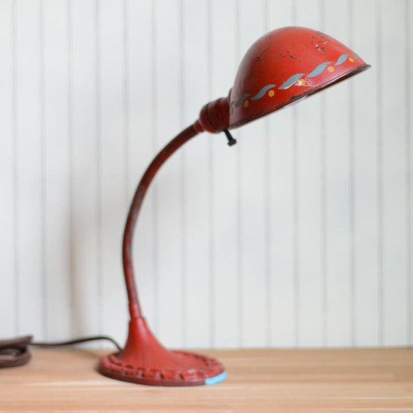 Art Deco Gooseneck Lamp with Cast iron Base, Red, Rewired *Works*