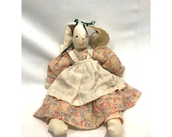 19" Handmade Floppy Ear Rag Doll Bunny in Peach Dress Cottagecore