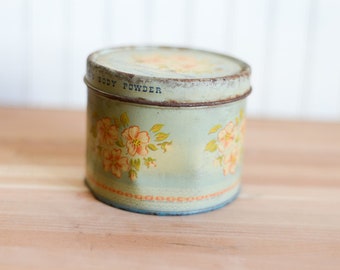 Vintage Baby Blue and Floral Spicy Apple Blossom Body Powder Tin