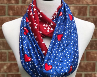 Red Hearts Scarf Valentine's Day Scarf Royal Blue Red Reversible Scarf Loop Scarf Polka Dot Hearts Scarf Infinity Scarf Circle Scarf
