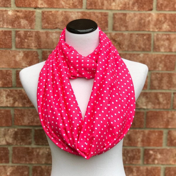 Fuchsia Polka Dot Scarf Pink White Infinity Scarf Hot Pink Dot Loop Scarf Soft Cotton Jersey Knit Circle Scarf Gift for Mom & Girl