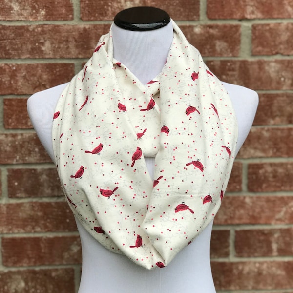 Christmas Scarf Red Cardinal Birds Ivory Cream Infinity Scarf  Flannel Scarf White Red Soft & Warm Winter Scarf