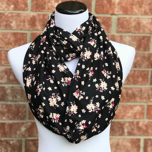 Black Floral Scarf Pink White Daisy Rose Flowers Circle Scarf Infinity Scarf Loop Scarf Soft Jersey Knit Bouquet Print Mother's day Gift