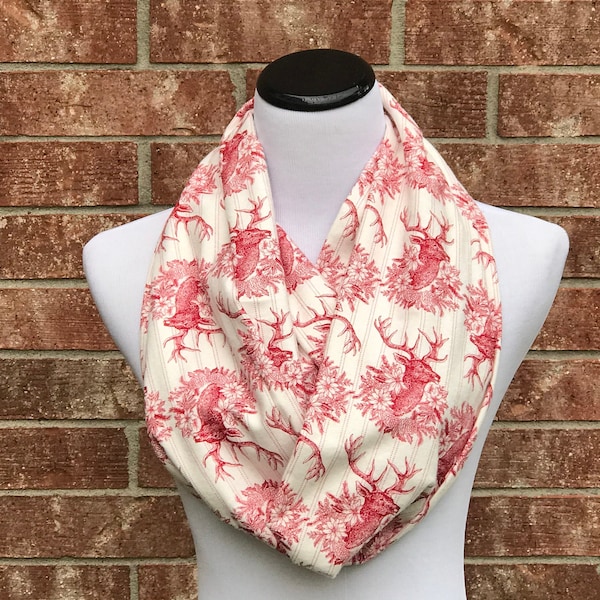 Red Reindeer Infinity Scarf Christmas Scarf Ivory White Red Scarf Fair Isle soft Warm Flannel scarf Holiday scarf gift for women